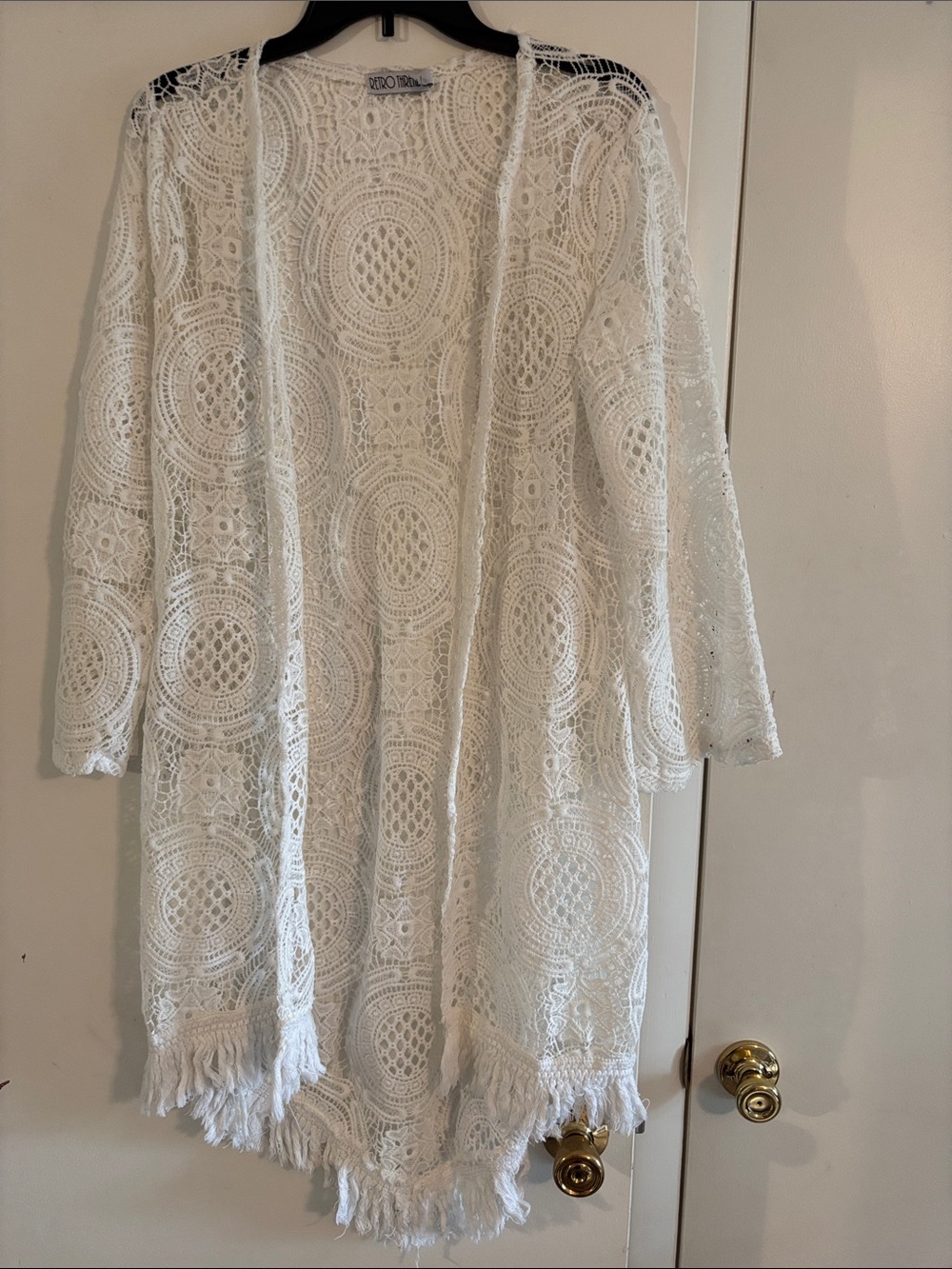 Open-Front Crochet Fringe Duster Jacket - White (Unbranded)